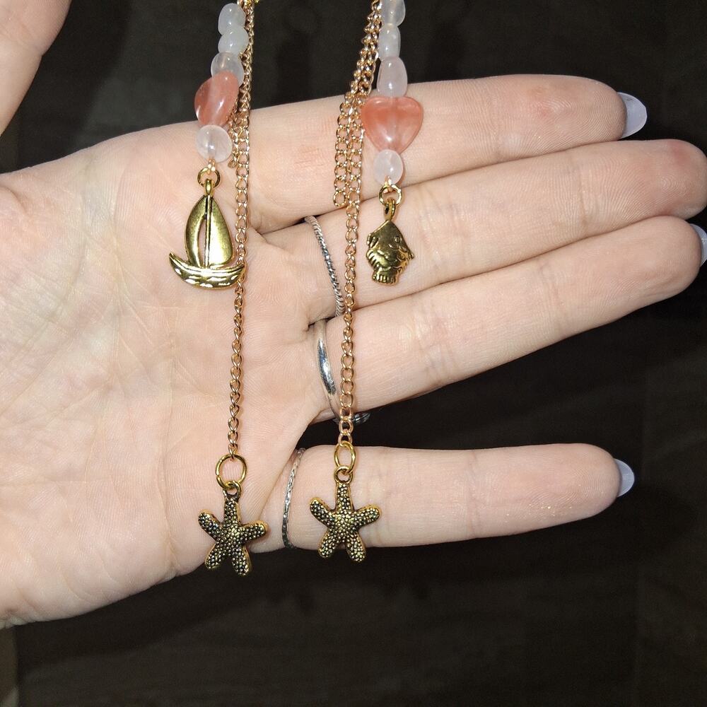 Gold Dangle Chain Ocean Theme Earrings Fish Boat Asymmetrical With Starfish